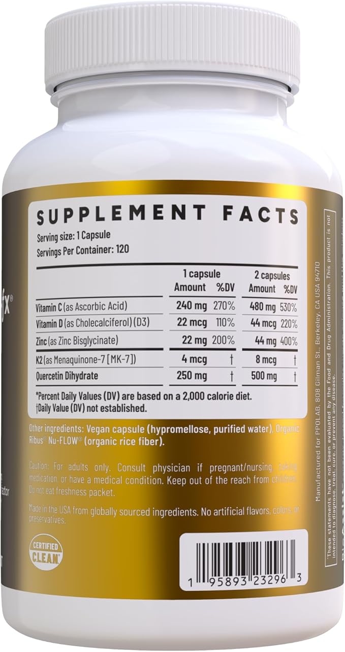 Immune-fx™ Advanced Daily Chelated Zinc Ionophore Immune Support Supplement with Quercetin 500mg Bioflavonoid, Antioxidant Vitamin C, D3, K2, DNA Heart Lung Aid, Clean Certified® 120 Vegan Capsules