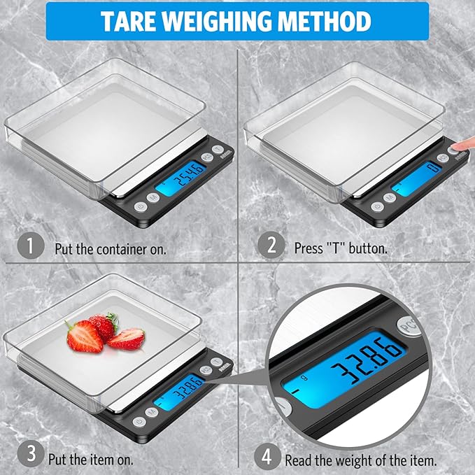 AMIR Digital Kitchen Scale, 500g/0.01g Mini Pocket Jewelry Scale, Cooking Food Scale with Backlit LCD Display, 2 Trays, 6 Units, Auto Off, Tare, PCS Function, Stainless Steel, Battery Included, Black
