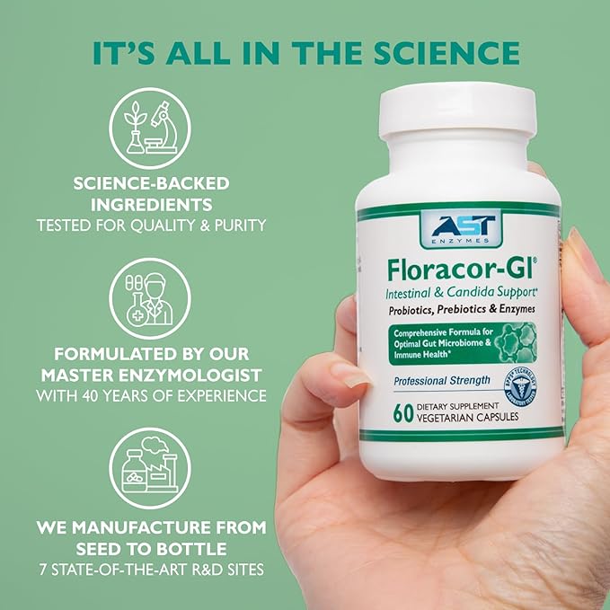 Floracor - Supports Gut & Intestinal Health - Premium Probiotic, Prebiotic and Enzyme Formula - 60 Vegetarian Capsules