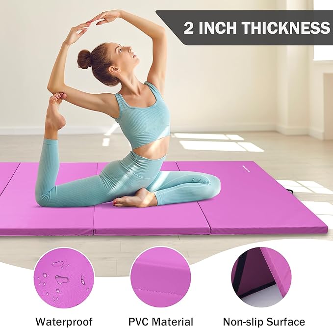 Folding Exercise Gymnastics Mat 4'x8'x2" Gym Workout Mat with Carrying Handles High-Density Anti-Tear Portable Fitness Aerobics Mats for Home Gym Yoga Pilates Tumbling MMA Core Training, Multiple Colors