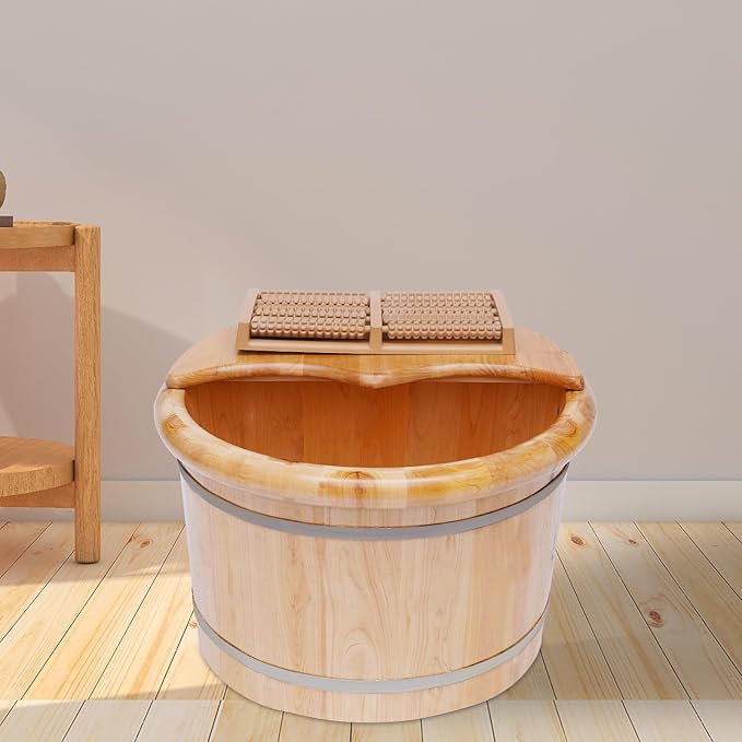 Eapmic Wooden Foot Bath Bucket with Massage Rollers and Lid, Feet Massage Barrel, Solid Wood Round Foot Soak Tub, Home Sauna Feet Basin, Pedicure Barrel for Spa, Massage, Sauna (E)