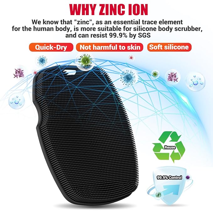Silicone Body Scrubber Anti Slip for Shower,Zinc Infused Soft Bristles Shower Scrubber for Body Exfoliator,Hygienic,Blood Circulation - Black