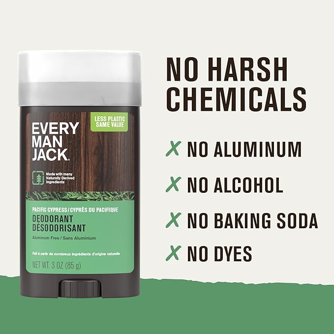 Every Man Jack Pacific Cypress Men’s Deodorant - Stay Fresh with Aluminum Free Deodorant For all Skin Types - Odor Crushing, Long Lasting, with Naturally Derived Ingredients - 3oz (2 Pack)