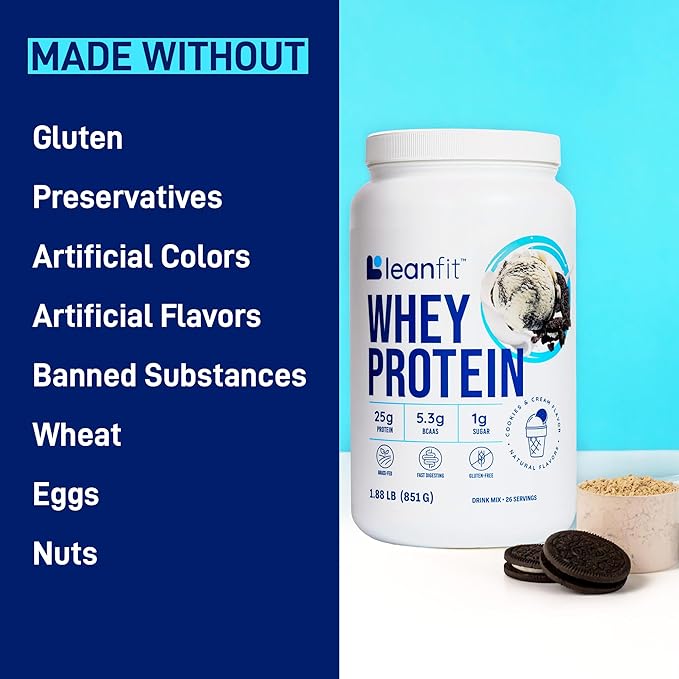 LeanFit WHEY Protein Cookies & Cream - 100% Whey Protein Powder, 25g Protein Per Serving - Grass-Fed, Gluten-Free, BCAAs, Amino Acid - 26 Servings, 1.88 lb Tub