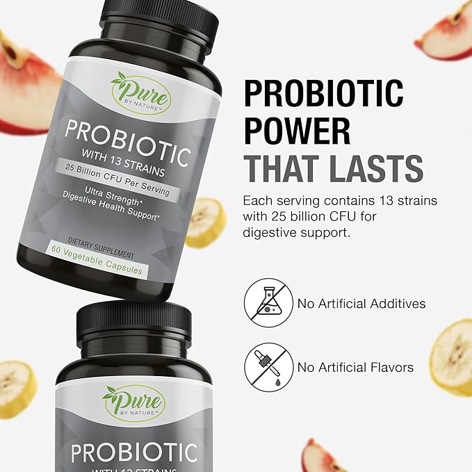 Pure By Nature Probiotics for Women & Men, 13 Strains with 25 Billion CFU, Probiotics for Digestive Health, Gut Health, Immune Support, Bloating & Constipation, Vegan & Shelf-Stable, 60 Capsules