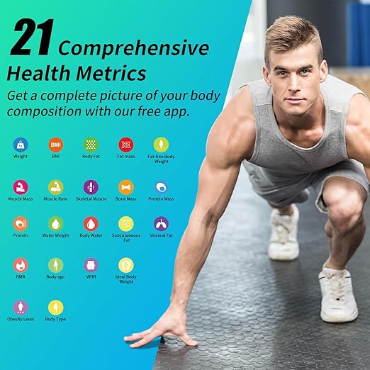 Smart Body Composition Scale – 8‑Electrode Dual‑Frequency BIA · 21 Body Metrics · 400 lb· App Sync (Fitdays, Apple Health,Google Fit) · Auto Recognition · 5 mm Tempered‑Glass Stable Platform