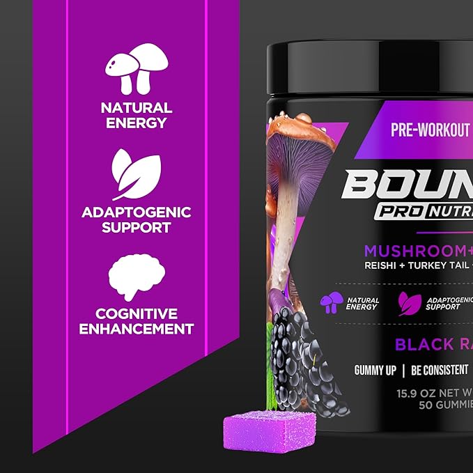 Bounce Pro Pre-Workout Gummies – Natural Focus Blend, Energy Gummies for Men & Women, Functional Mushroom+ Lion’s Mane, Fat-Burning Preworkout for Strength & Endurance (30 Count, Black Razz)