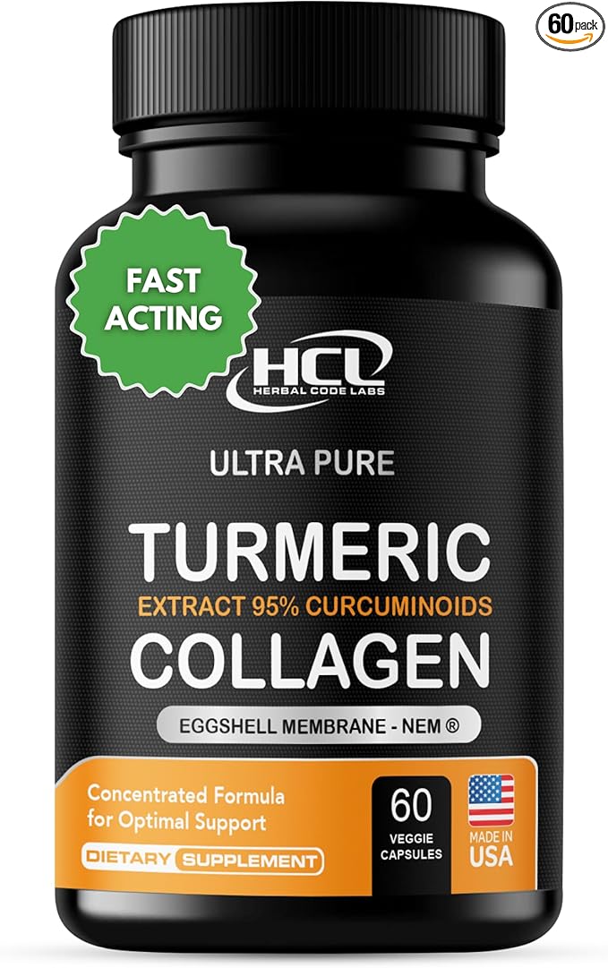 Turmeric Curcumin 95% Extract & Collagen Capsules - NEM Promotes Knee Comfort & Flexibility - Eggshell Membrane w Naturally Occurring Glucosamine Chondroitin Hyaluronic Acid- Made in USA