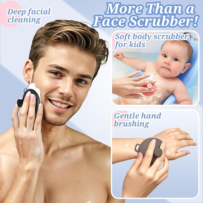 Silicone Back/Body/Face Scrubber & Soft Bath Glove Set 4PCS, Gentle Exfoliating Back & Body Scrubber with Dual-Side Brush Head, Hand-fit Bath Glove & Face Scrubber for Deep Cleaning(Black-4PC)