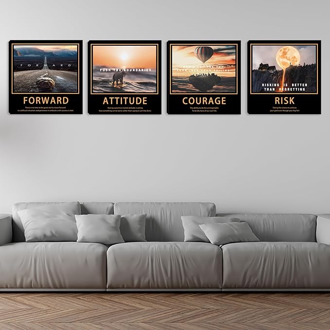 Motivational Quotes Wall Art 4 Pieces Posters Room Decor for Men Canvas Wall Art for Office Inspirational Picture Wall Decor Canvas Wall Painting Prints Home Decoration Framed Artwork 16"x16"x4pcs