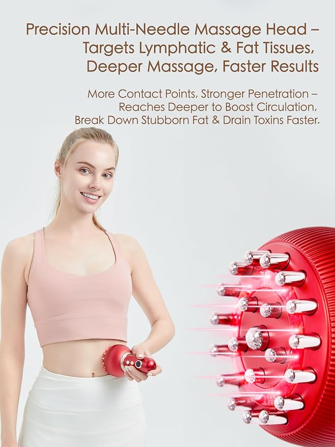 Lymphatic Drainage Massager & Anti Cellulite Massage Tool, Reduce Stretch Marks & Cellulite, for Legs, Arms & Belly, Body Sculpting Machine with Microcurrent, Light, Heat & Vibration (Red)