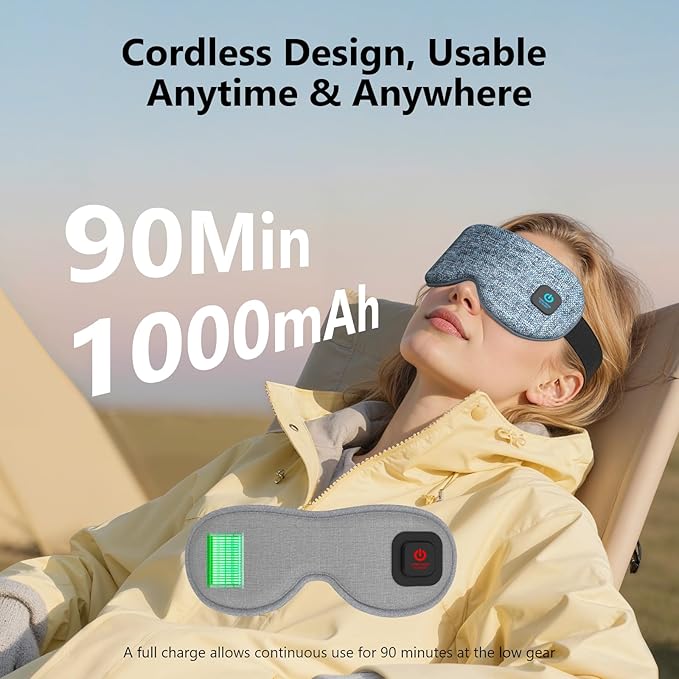 Heated Eye Mask Cordless for Dry Eyes with Replaceable Shell,Buit-in 1000mAh Battery, Eye Relief, Improved Sleep, Light Blocking Warm Eye Compress Washable Eye Heating pad for Travel Family,Best Gift