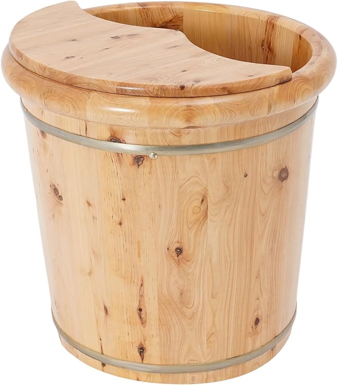 Wooden Foot Bath Bucket Foot Soaking Bath Basin with Lid Wood Footbath Barrel with Wooden Stool Pedicure Barrel for Spa, Massage, Sauna 15.75 * 15.75in (Wood Color)