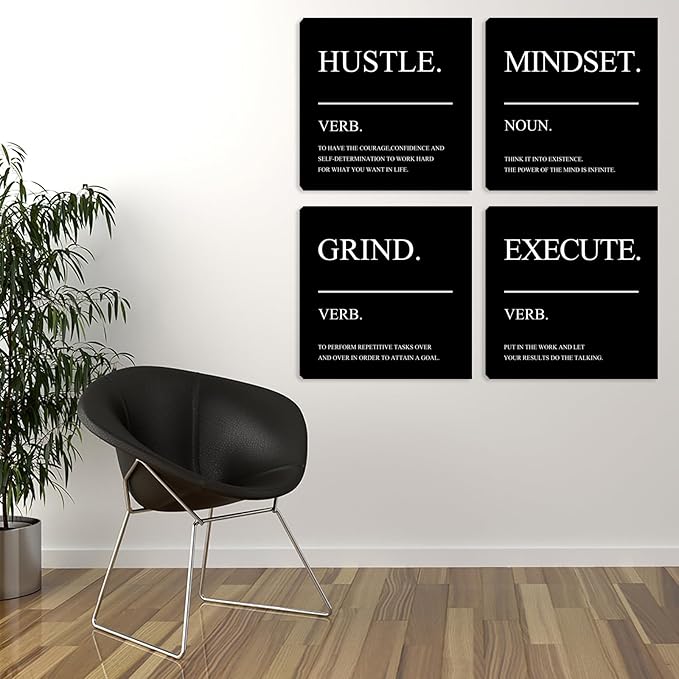 Inspirational Canvas Wall Art Quotes Motivational Hustle Wall Decor Office Print Pictures for Men Wall Decor Poster Framed Artwork Home Decor Ready to Hang 20"x20"x4pcs