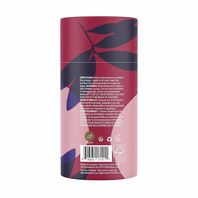 ATTITUDE Natural Deodorant, Aluminum-free, Odor Control & Long Lasting, Nourishing Ingredients, Castor and Jojoba Oils, Baking Soda-free, EWG Verified, For Men and Women, Sandalwood, 3 Oz