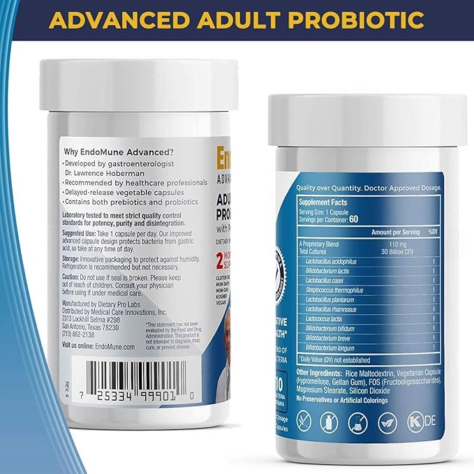 Endomune Advanced Adult Multi-Strain Probiotic Supplement with Prebiotic | 10 Strains, 30 Billion CFU | Physician Formulated (60-Count)