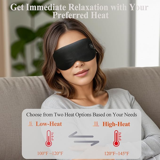 Heated Eye Mask, Vowleike Silk Cordless Washable Warm Eye Compress for Dry Eyes, Electric Temperature Controllable Eye Heating Pad for Stye, Drain and Fatigue Eyes, Thoughtful New Year Gift (Black)