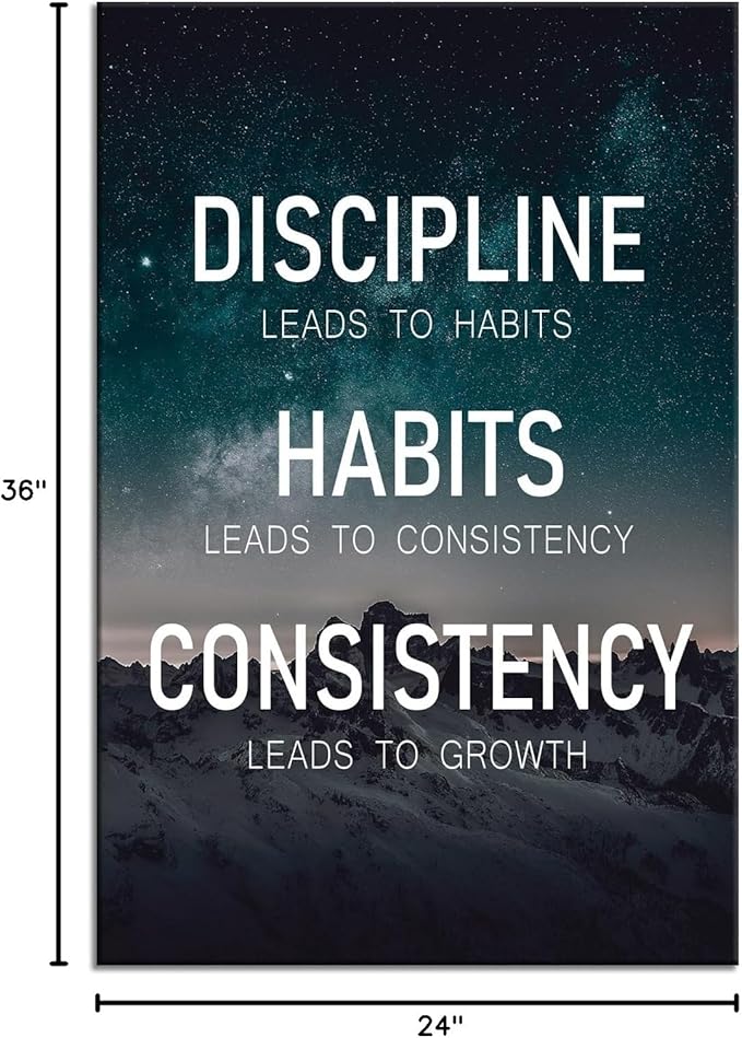 Discipline Habits Motivational Poster Consistency Growth Inspirational Wall Art Canvas Prints Artwork for Office Modern Home Decor Painting Pictures Stretched and Framed Ready to Hang [24''Wx 36''H]