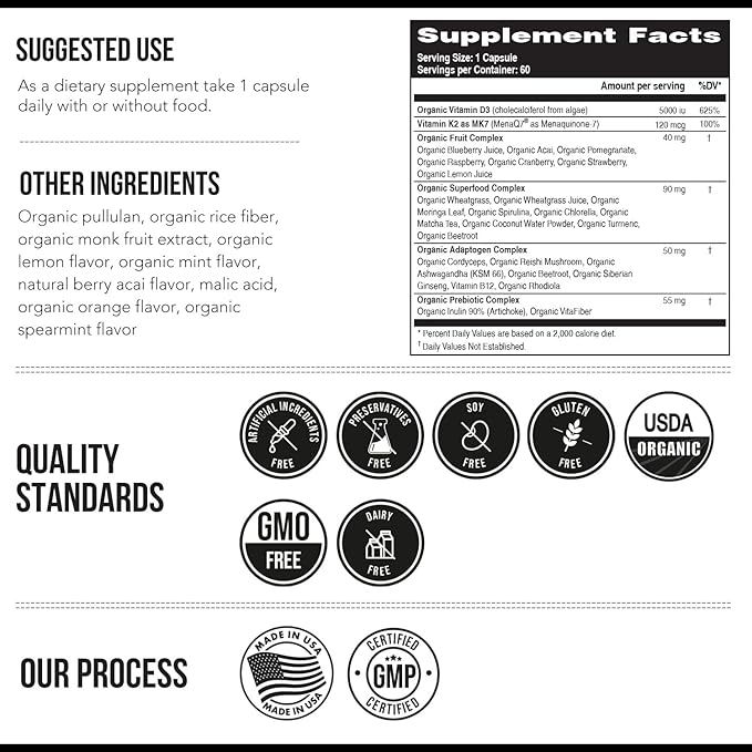 Organic Plant D3 + K2 | 5000 iu D3 + 120 mcg K2 as All-Trans MK7 from MenaQ7® - 100% Whole Food, Raw & Vegan | Enhanced Digestion with Prebiotic & Superfood Complex – D3 from Organic Algae (60 Count)