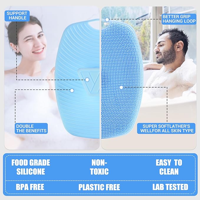 Silicone Body Scrubber Anti Slip for Shower,Zinc Infused Soft Bristles Shower Scrubber for Body Exfoliator,Hygienic,Blood Circulation - Azure