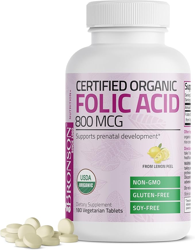 Bronson Organic Folic Acid (Vitamin B9 Folate) 800 mcg Folate from Lemon Peel, 180 Tablets