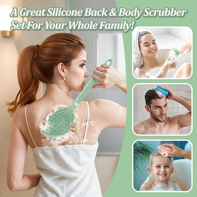 Silicone Back & Body Scrubber Set 2PCS, 13.4'' Gentle Exfoliating Back Scrubber with Dual-Side Head and Non-Slip Handle, Hygienic Silicone Loofah with Soft Bristles and Massage Dots(Green-2PC)