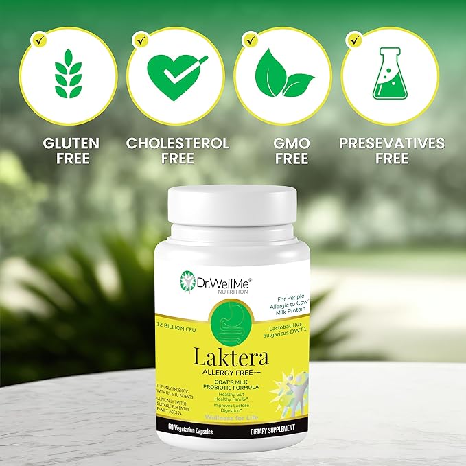 Dr.WellMe | Laktera Probiotic Digestive Aid | Truly Effective for Gut Health | 60 Capsules, 12 Billion CFU + Lactobacillus Bulgaricus | Kosher