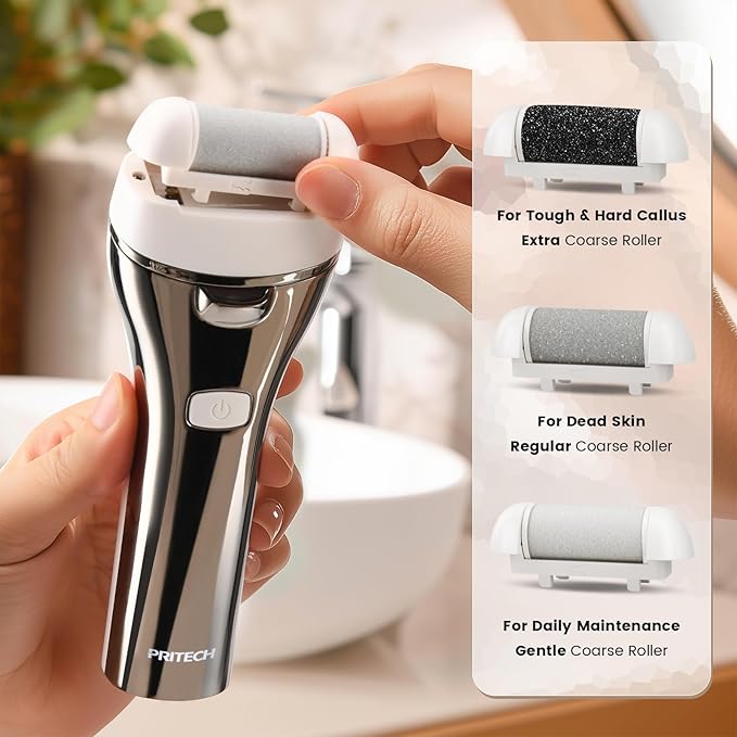 Electric Foot Callus Remover, Rechargeable Portable Electronic Foot File Pedicure Kits, 3 Roller Heads, 3 Speed, Battery Display for Remove Cracked Heels Calluses and Dead Skin