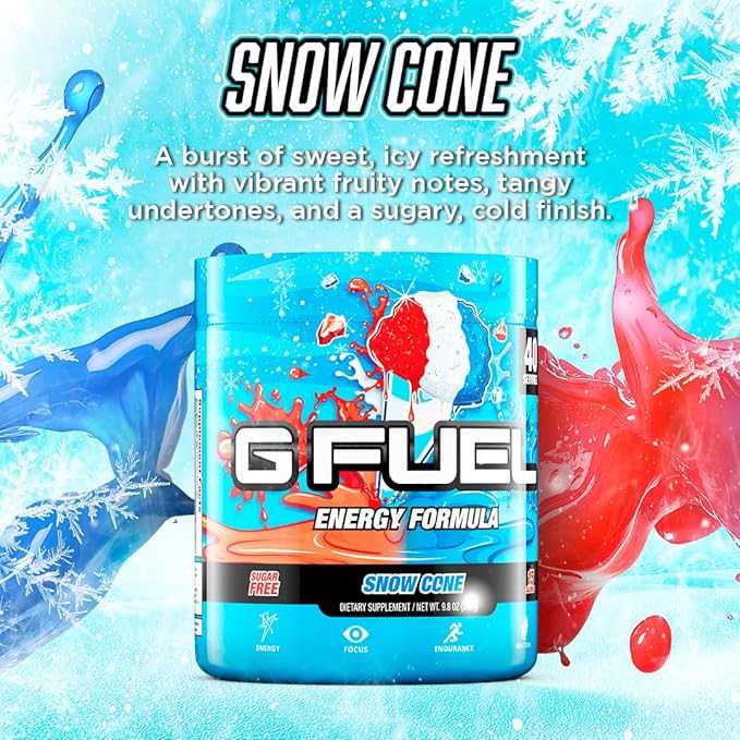 G Fuel Snow Cone Energy Drink Powder, Pre Workout Caffeine Mix for Gaming, Sugar Free Focus Amino, Vitamin + Antioxidants, 9.9oz (Snow Cone, 40 Servings)