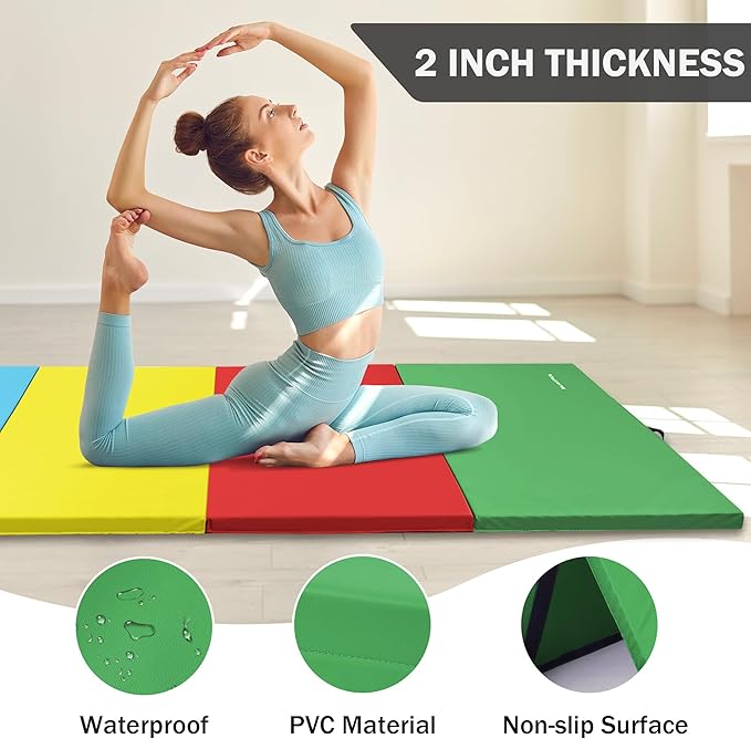 Folding Exercise Gymnastics Mat 4'x8'x2" Gym Workout Mat with Carrying Handles High-Density Anti-Tear Portable Fitness Aerobics Mats for Home Gym Yoga Pilates Tumbling MMA Core Training, Multiple Colors