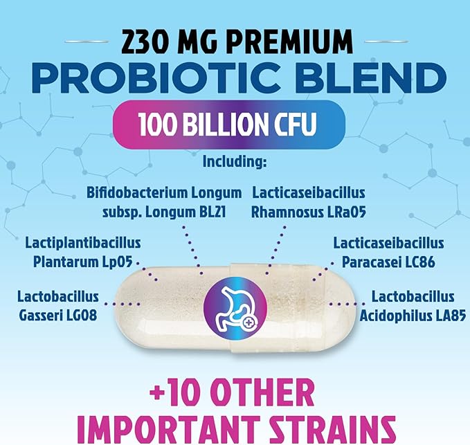 Probiotics 100 Billion CFU Supplement - 16 Strains + Natural Prebiotics - Digestive Health, Gut & Immune Support for Women & Men - Supports Occasional Constipation, Gas & Bloating - 30 Capsules