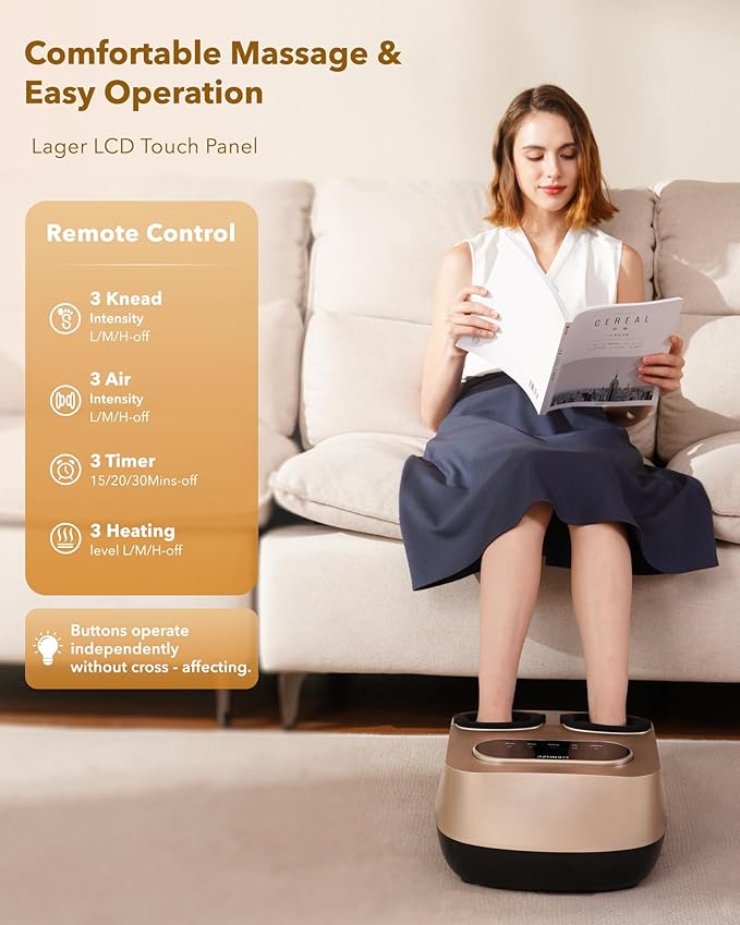Foot Massager with Heat and Remote, Shiatsu Deep Kneading Feet Massager for Plantar Fasciitis & Neuropathy, Foot Warmer, Gifts for Mom Women Men Dad, Fits Up to Men Size 12(Gold)