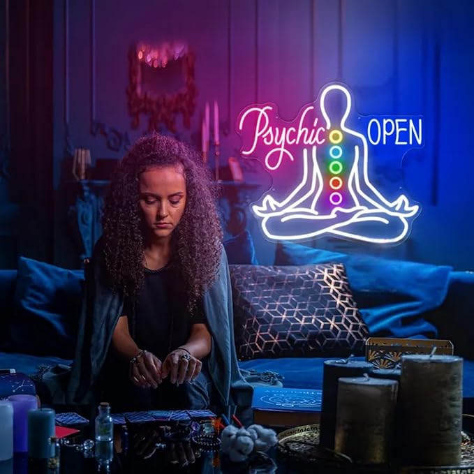 Psychic Open Neon Sign Charka Neon Light, Yoga Led Sign, Exercise Room Wall Decor, Buddha Lotus, Pilates Studio Art Meditation Room Wall Art Yoga Lover Gift, Psychic Chakras Healing Exercise