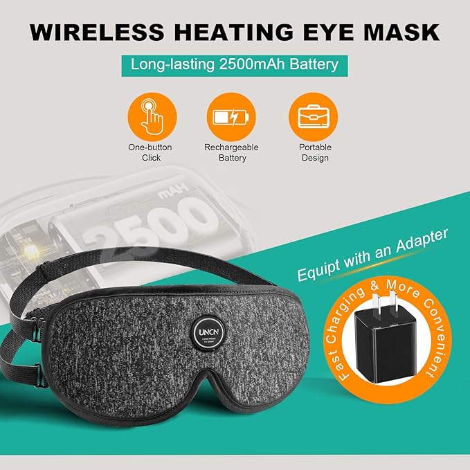 uncn Heated Eye Mask Cordless for Dry Eye Relief, 2500mAh Battery Rechargeable Warm Eye Compress for Light Blocking, Travel, Home, or Office Use