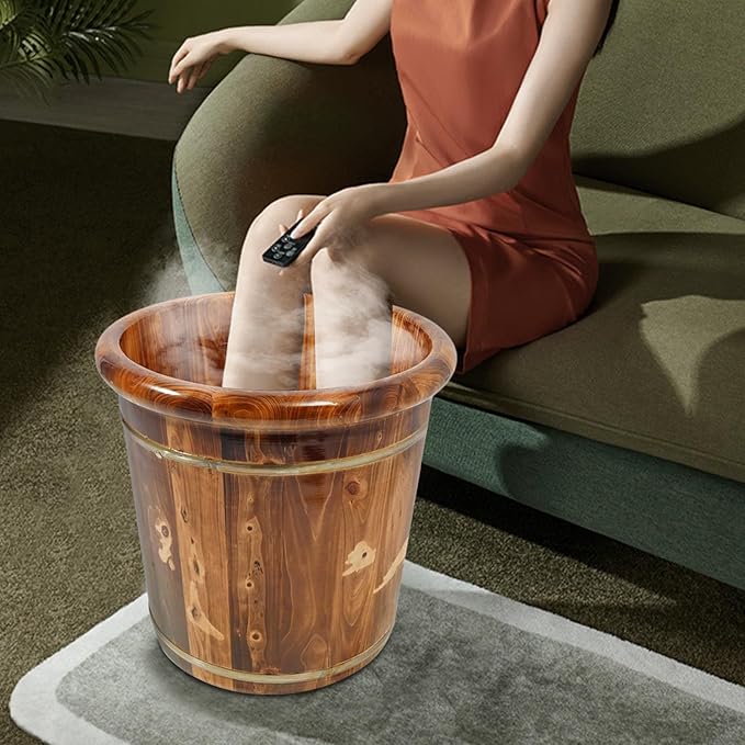 Eapmic Wooden Foot Bath Bucket with Massage Rollers and Lid, Feet Massage Barrel, Solid Wood Round Foot Soak Tub, Home Sauna Feet Basin, Pedicure Barrel for Spa, Massage, Sauna (C)