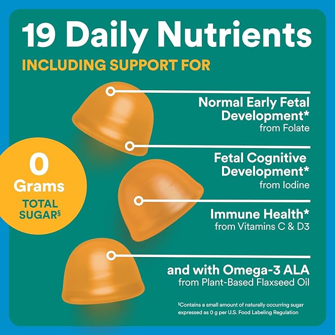 SmartyPants Zero Sugar Prenatal Multivitamin Gummies: Choline, Methylfolate, Omega 3 (ALA), Vitamin D3, C, Vitamin B12, B6, A, K, Zinc, Biotin, Gluten Free, No Sugar Alcohols, 90 Count (30 Day Supply)
