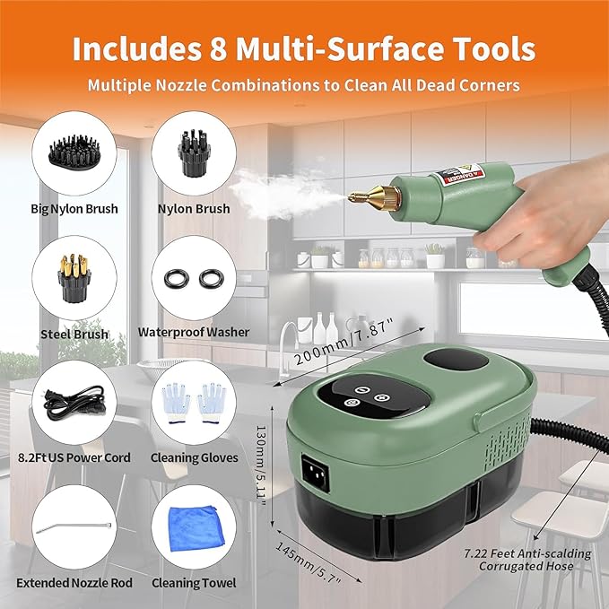 YXQ Handheld Steam Cleaner 2500W High Temperature Pressurized Steam Cleaner 10S Fast Heating with 3 Brush Heads and Extended Rod Portable Steam Cleaning Machine for Kitchen, Bathroom, Tile (Green)