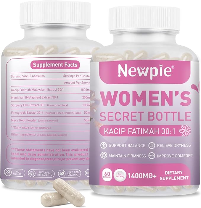 Vaginal Moisturizer Capsules Kacip Fatimah 1000mg, Manjakni 200mg & Slippery Elm Synergize to Moisturize, Tighten, Ease Vaginal Dryness, Maintain Elasticity & pH Balance. Vegan, 60 Capsules (1)