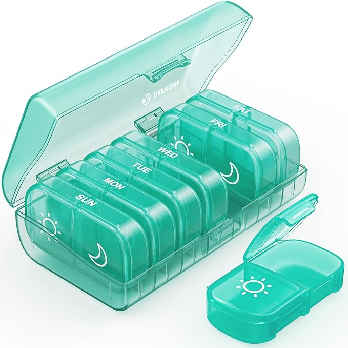 AUVON XL Weekly Pill Organizer 2 Times a Day, Pill Box 7 Day with One-Side Large Openings for Easy to Use, Cyan AM PM Pill Case for Medication, Vitamins, Fish Oils, Supplements