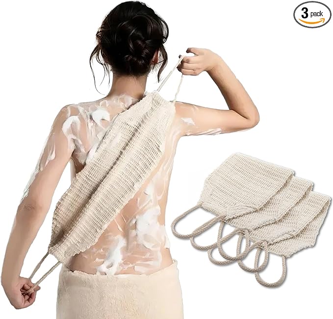 Natural Sisal & Ramie Exfoliating Body Scrubber for Shower with Handle（3 pcs） - Deep Cleanse Back Scrubber, Scrub Spa Tool for Glowing Skin & Whole Body Care (3pcs)