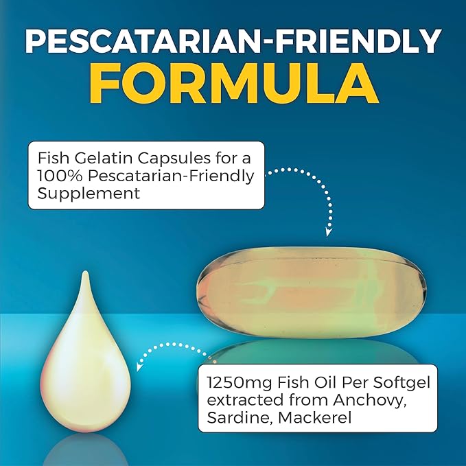 Triple Strength Omega 3 Fish Oil Supplement for Men and Women – 2500 mg High-Potency, Easy-to-Absorb Re-esterified Triglyceride Form, Pescatarian-Friendly DPA EPA DHA Omega 3 Supplement, 180 Softgels