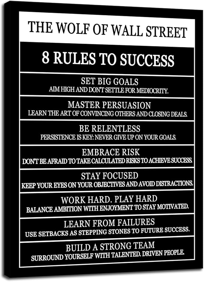 Motivational Posters The Wolf Of Wall Street 8 Rules To Success Printed Canvas Painting Inspirational Wall Decor for Office Hallway Gym Bedroom Living Room Framed Ready to Hang[30" W X 40" H]