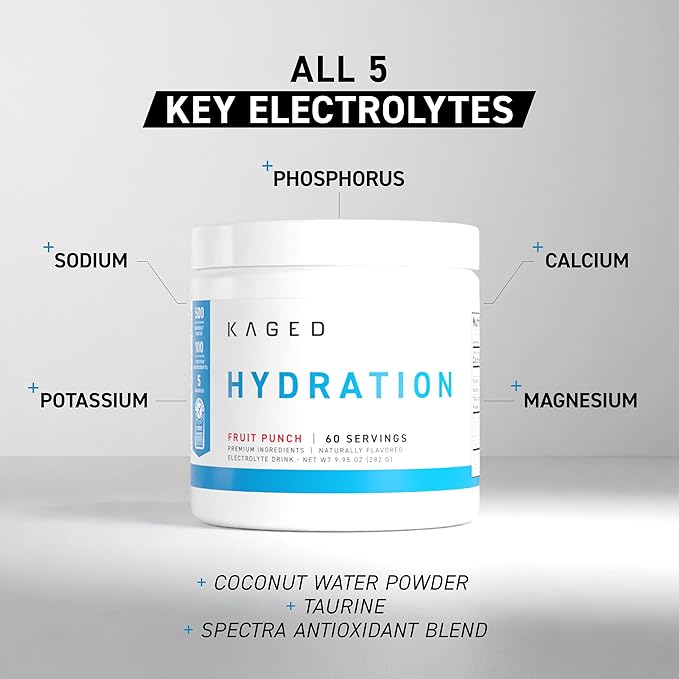 Kaged Hydration Electrolytes Powder | Fruit Punch | Hydra-Charge Sports Drink Mix | Pre, Post, Intra Workout | Low Carb, Vegan, Gluten Free | Supplements for Men & Women | 60 Servings