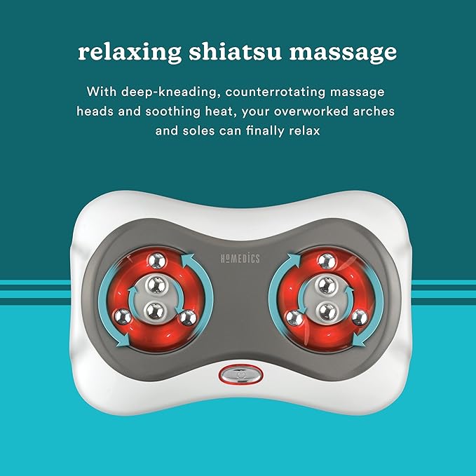 HoMedics Deluxe Shiatsu Foot Massager with Heat – Therapeutic Kneading & Rolling Foot Massager Machine, 4 Rotational Heads with 10 Massage Nodes, Toe-Touch Control