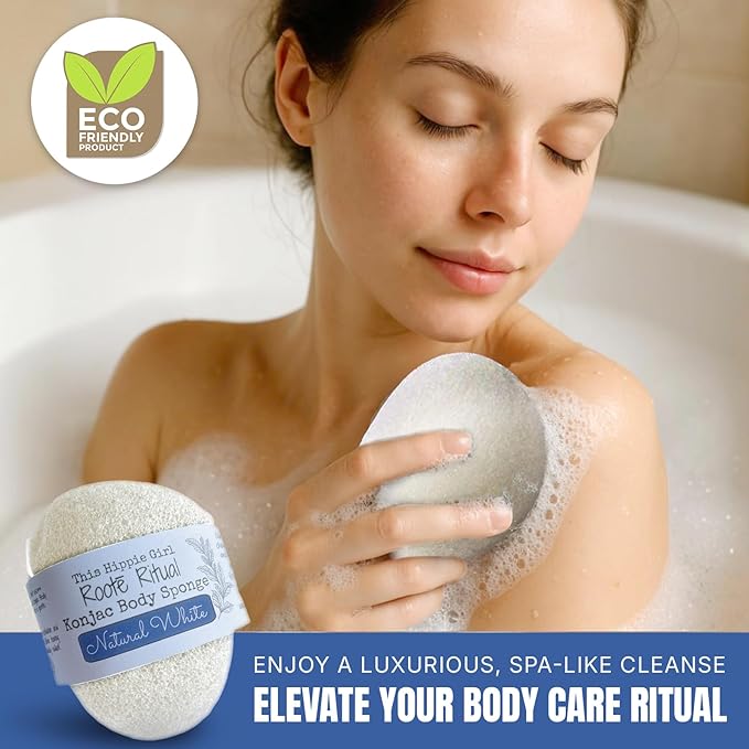 Roote Ritual Konjac Body Sponge – 100% Natural Exfoliating Shower Sponge for Sensitive Skin – Gently Deep Cleanses, Earth-Friendly Loofah, Biodegradable, Vegan – for Women, Men (Natural White)