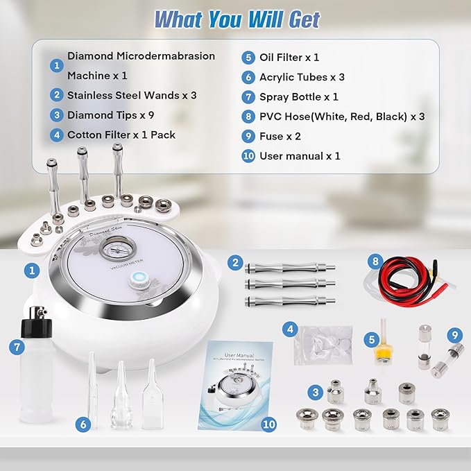 Diamond Microdermabrasion Machine, TopDirect 3 IN 1 Professional Dermabrasion Skincare Device for Adjustable Suction Facial Treatment (Suction Power: 0-68cmHg)