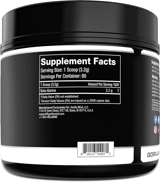 Gorilla Mind Beta-Alanine Carnosine Precursor,Enhanced Muscular Endurance, 3.2 Grams per Servings