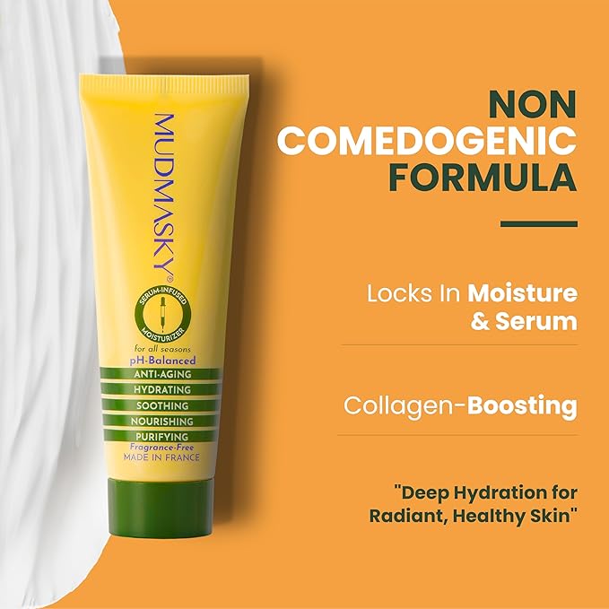 MUDMASKY Face Moisturizer Cream - Serum-Infused Moisturizer for Deep Hydration - Lightweight Skin Care with Mango, Almond & Sunflower Oils - All-Natural Beauty Product Imported from France