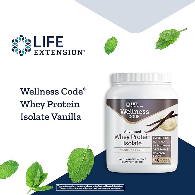 Life Extension Wellness Code Advanced Whey Protein Isolate - Vanilla Flavor -Protein Shake Mix Powder for Muscle Growth & Immune Health Support - Gluten Free, Non-GMO, Sugar Free - 454g - 20 Servings