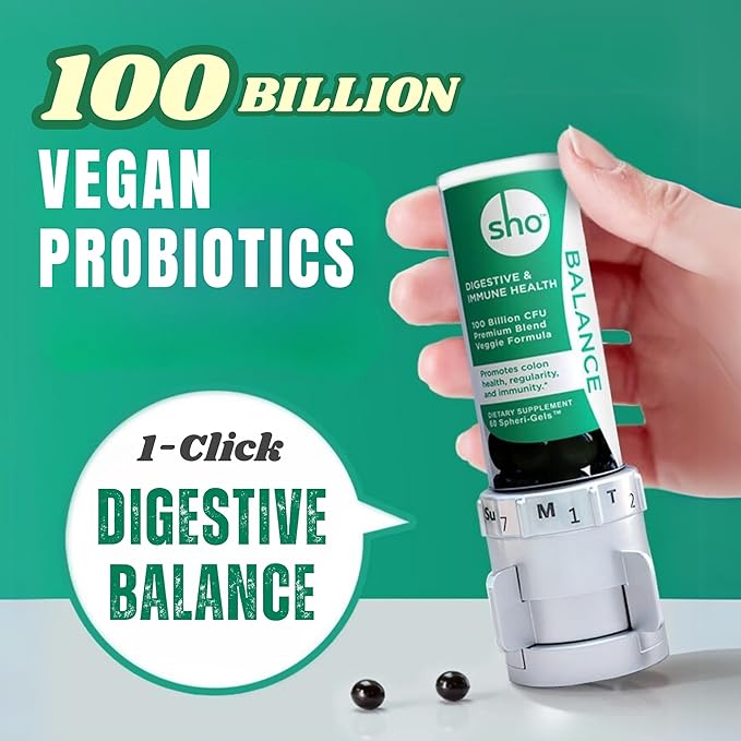 SHO Balance 100 Billion CFU Prebiotics & Probiotics for Digestive Health, Gut Health Vegan Supplement for Women & Men, Lactobacillus Casei, Shelf Stable 60 Softgels with Dispenser